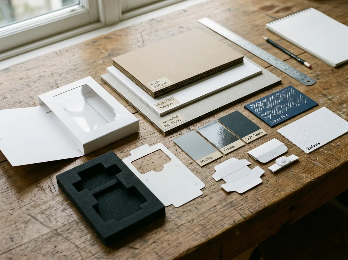Paperboard and finish samples for packaging material selection