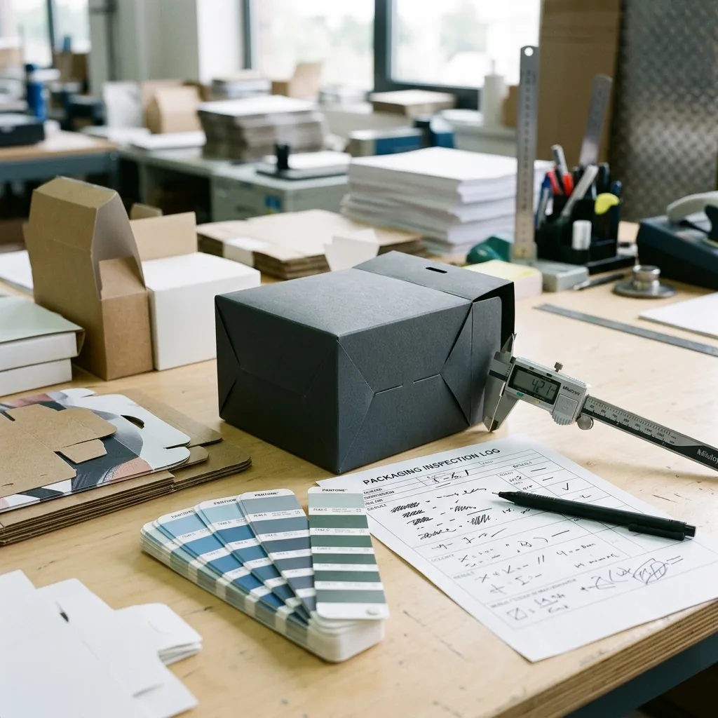 Carton quality control measurement with caliper and color samples