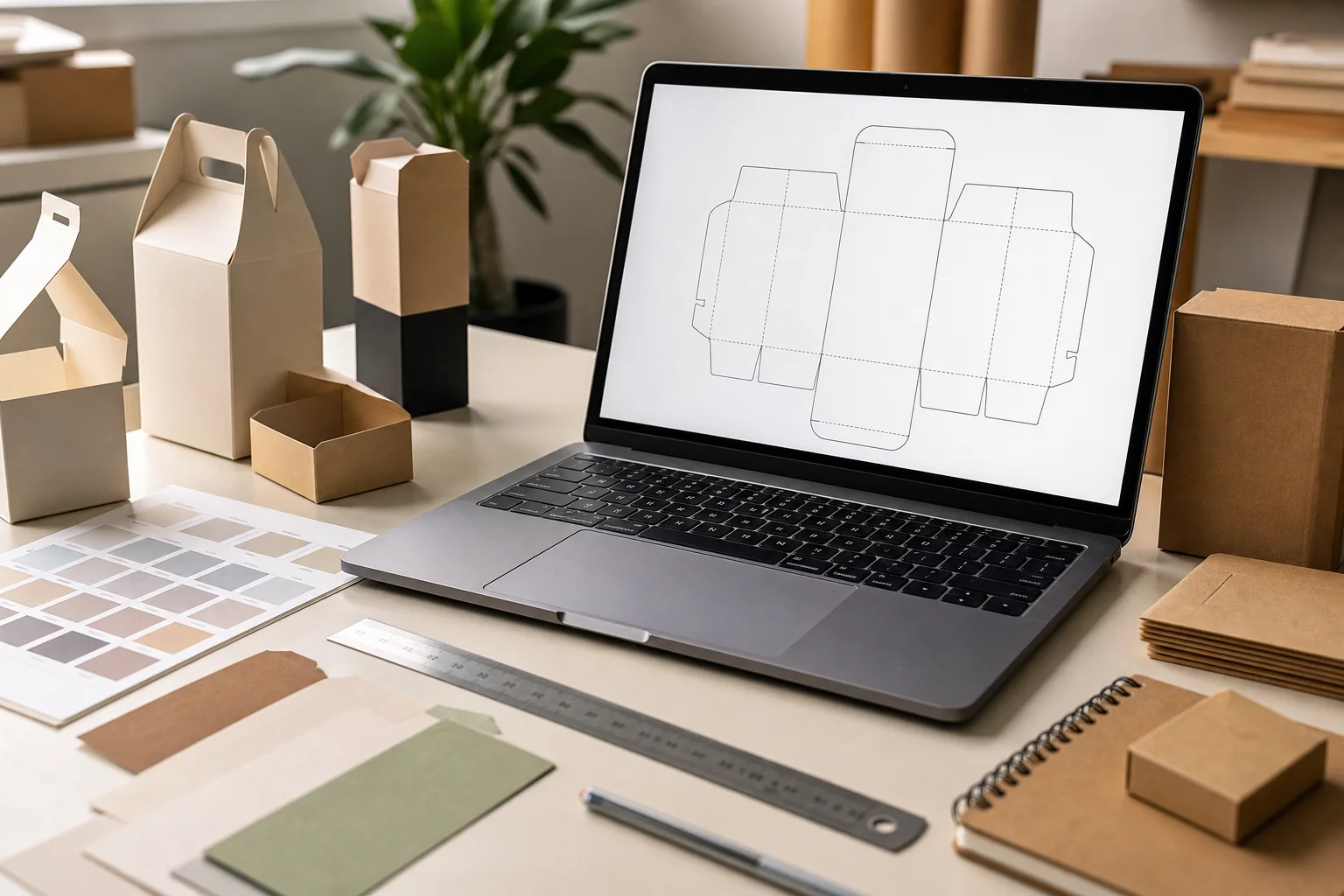 Packaging design workspace with printed box samples and dieline planning materials
