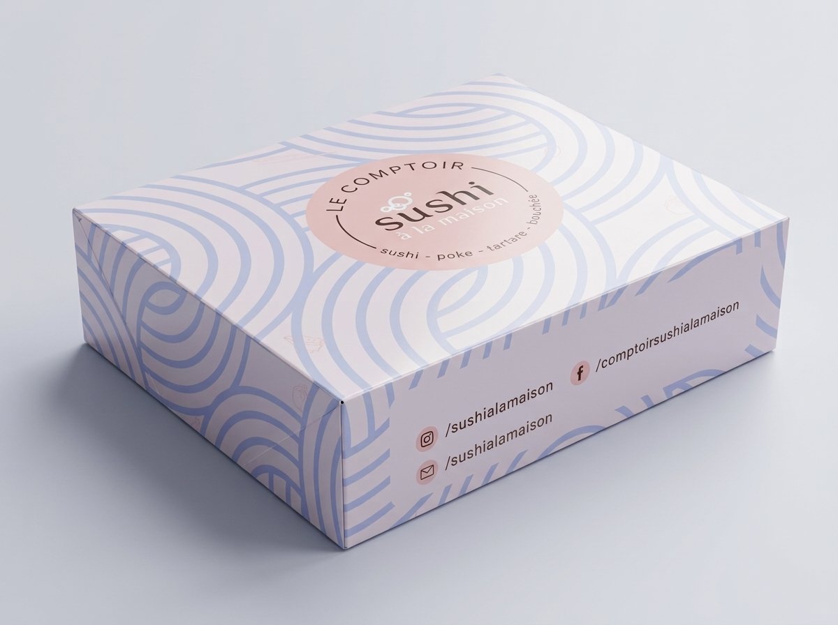 Closed pale pink and lavender custom bakery carton with glossy wave artwork