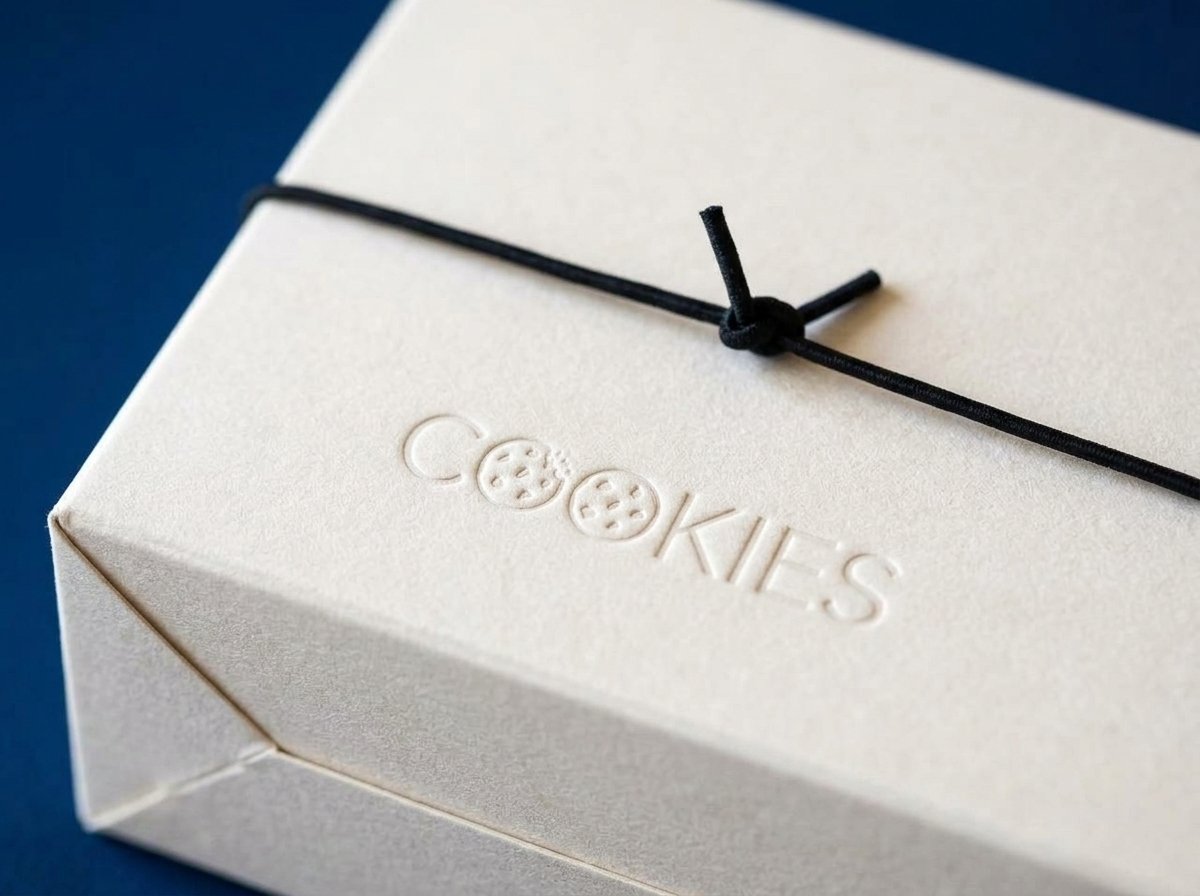 Macro detail of blind embossed cookie icons and COOKIES lettering on textured off-white gift-box paper with black wax cord