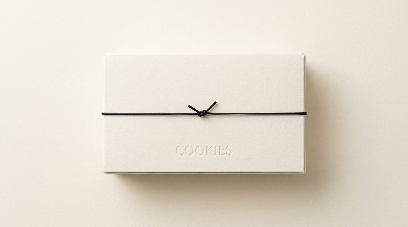 Closed custom cookie gift box on a warm-white background with black wax cord and blind embossed COOKIES mark